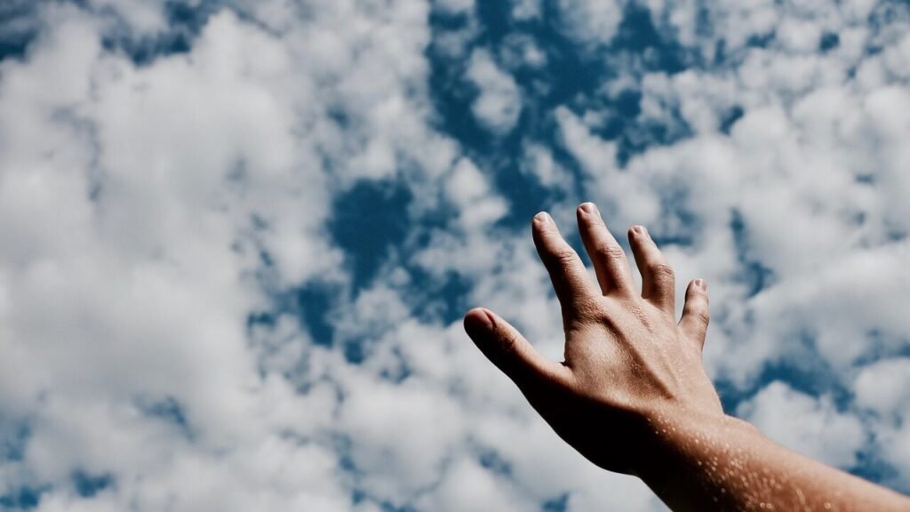 hands, fingers, arm, nature, blue sky, cloudy, blue, sky